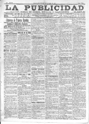 'La publicidad  : diario de avisos noticias y telegramas. Eco fiel de la opinión y verdadero defensor de los intereses morales y materiales de Granada y su provincia' - Año XXVII Número 7181  - 1907 Junio 22