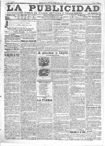 'La publicidad  : diario de avisos noticias y telegramas. Eco fiel de la opinión y verdadero defensor de los intereses morales y materiales de Granada y su provincia' - Año XXVII Número 7187  - 1907 Junio 29
