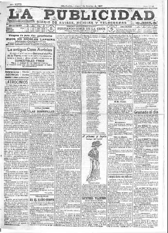 'La publicidad  : diario de avisos noticias y telegramas. Eco fiel de la opinión y verdadero defensor de los intereses morales y materiales de Granada y su provincia' - Año XXVII Número 7232  - 1907 Octubre 03