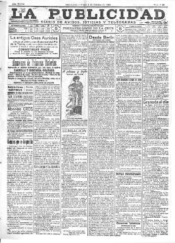 'La publicidad  : diario de avisos noticias y telegramas. Eco fiel de la opinión y verdadero defensor de los intereses morales y materiales de Granada y su provincia' - Año XXVII Número 7233  - 1907 Octubre 04
