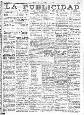 'La publicidad  : diario de avisos noticias y telegramas. Eco fiel de la opinión y verdadero defensor de los intereses morales y materiales de Granada y su provincia' - Año XXVII Número 7283  - 1907 Diciembre 03