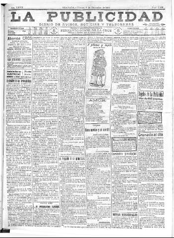 'La publicidad  : diario de avisos noticias y telegramas. Eco fiel de la opinión y verdadero defensor de los intereses morales y materiales de Granada y su provincia' - Año XXVII Número 7286  - 1907 Diciembre 06