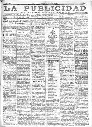 'La publicidad  : diario de avisos noticias y telegramas. Eco fiel de la opinión y verdadero defensor de los intereses morales y materiales de Granada y su provincia' - Año XXVII Número 7298  - 1907 Diciembre 20
