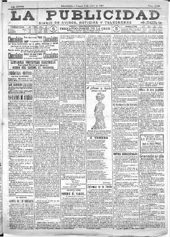 'La publicidad  : diario de avisos noticias y telegramas. Eco fiel de la opinión y verdadero defensor de los intereses morales y materiales de Granada y su provincia' - Año XXVIII Número 7399  - 1908 Abril 03