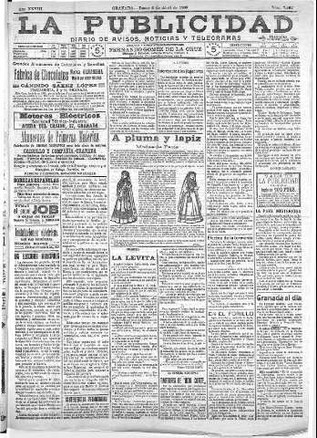 'La publicidad  : diario de avisos noticias y telegramas. Eco fiel de la opinión y verdadero defensor de los intereses morales y materiales de Granada y su provincia' - Año XXVIII Número 7402  - 1908 Abril 06