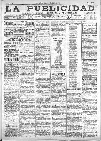 'La publicidad  : diario de avisos noticias y telegramas. Eco fiel de la opinión y verdadero defensor de los intereses morales y materiales de Granada y su provincia' - Año XXVIII Número 7403  - 1908 Abril 07
