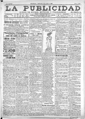 'La publicidad  : diario de avisos noticias y telegramas. Eco fiel de la opinión y verdadero defensor de los intereses morales y materiales de Granada y su provincia' - Año XXVIII Número 7404  - 1908 Abril 08