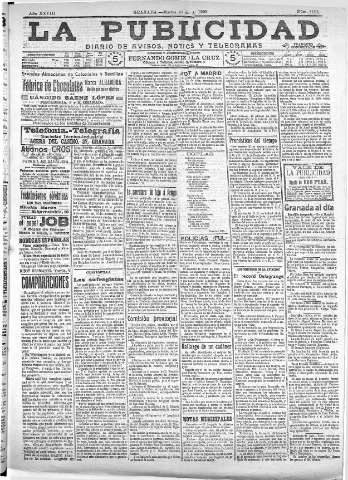'La publicidad  : diario de avisos noticias y telegramas. Eco fiel de la opinión y verdadero defensor de los intereses morales y materiales de Granada y su provincia' - Año XXVIII Número 4104  - 1908 Abril 21