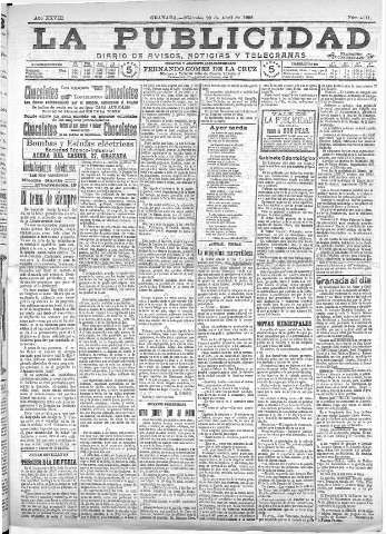 'La publicidad  : diario de avisos noticias y telegramas. Eco fiel de la opinión y verdadero defensor de los intereses morales y materiales de Granada y su provincia' - Año XXVIII Número 4111  - 1908 Abril 29