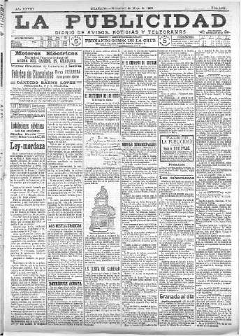'La publicidad  : diario de avisos noticias y telegramas. Eco fiel de la opinión y verdadero defensor de los intereses morales y materiales de Granada y su provincia' - Año XXVIII Número 4117  - 1908 Mayo 06
