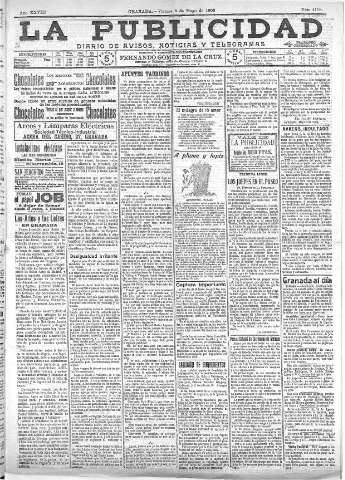 'La publicidad  : diario de avisos noticias y telegramas. Eco fiel de la opinión y verdadero defensor de los intereses morales y materiales de Granada y su provincia' - Año XXVIII Número 4119  - 1908 Mayo 08