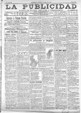 'La publicidad  : diario de avisos noticias y telegramas. Eco fiel de la opinión y verdadero defensor de los intereses morales y materiales de Granada y su provincia' - Año XXVIII Número 4120  - 1908 Mayo 09