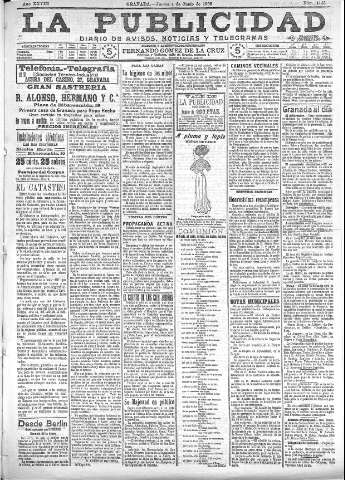 'La publicidad  : diario de avisos noticias y telegramas. Eco fiel de la opinión y verdadero defensor de los intereses morales y materiales de Granada y su provincia' - Año XXVIII Número 4143  - 1908 Junio 04