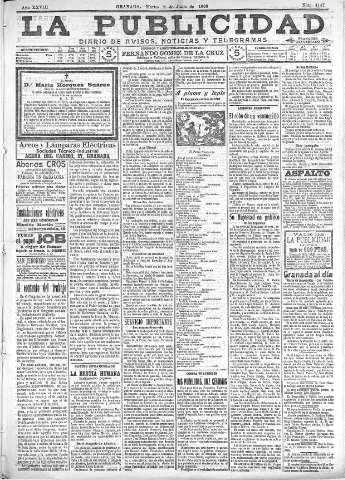 'La publicidad  : diario de avisos noticias y telegramas. Eco fiel de la opinión y verdadero defensor de los intereses morales y materiales de Granada y su provincia' - Año XXVIII Número 4147  - 1908 Junio 09