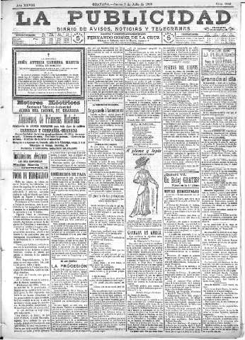 'La publicidad  : diario de avisos noticias y telegramas. Eco fiel de la opinión y verdadero defensor de los intereses morales y materiales de Granada y su provincia' - Año XXVIII Número 4163  - 1908 Julio 02