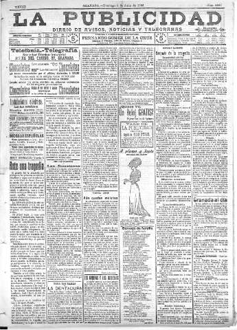 'La publicidad  : diario de avisos noticias y telegramas. Eco fiel de la opinión y verdadero defensor de los intereses morales y materiales de Granada y su provincia' - Año XXVIII Número 4166  - 1908 Julio 05