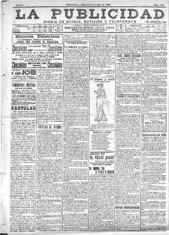 'La publicidad  : diario de avisos noticias y telegramas. Eco fiel de la opinión y verdadero defensor de los intereses morales y materiales de Granada y su provincia' - Año XXVIII Número 4168  - 1908 Julio 08