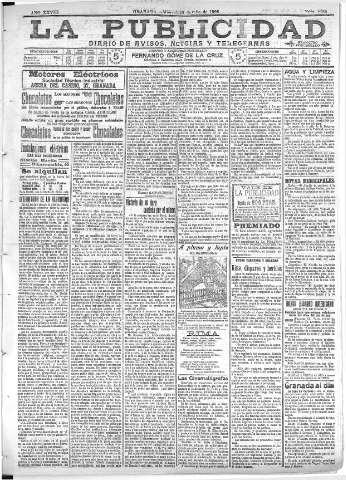 'La publicidad  : diario de avisos noticias y telegramas. Eco fiel de la opinión y verdadero defensor de los intereses morales y materiales de Granada y su provincia' - Año XXVIII Número 4180  - 1908 Julio 22