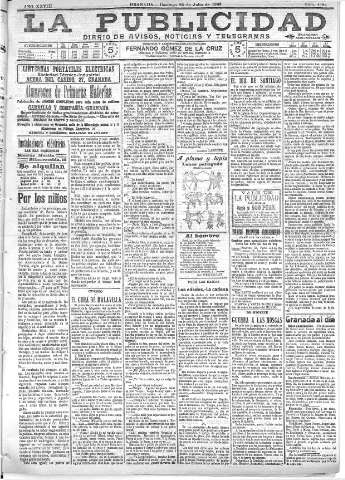 'La publicidad  : diario de avisos noticias y telegramas. Eco fiel de la opinión y verdadero defensor de los intereses morales y materiales de Granada y su provincia' - Año XXVIII Número 4184  - 1908 Julio 26