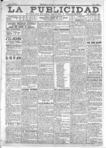 'La publicidad  : diario de avisos noticias y telegramas. Eco fiel de la opinión y verdadero defensor de los intereses morales y materiales de Granada y su provincia' - Año XXVIII Número 4190  - 1908 Agosto 02