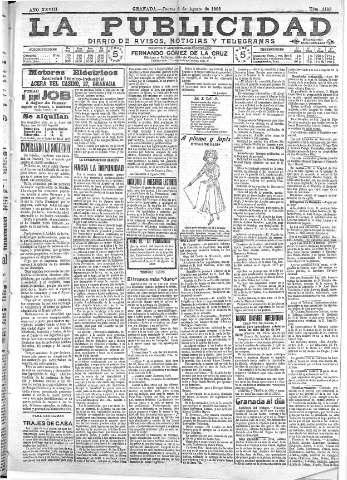 'La publicidad  : diario de avisos noticias y telegramas. Eco fiel de la opinión y verdadero defensor de los intereses morales y materiales de Granada y su provincia' - Año XXVIII Número 4193  - 1908 Agosto 06