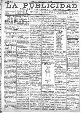 'La publicidad  : diario de avisos noticias y telegramas. Eco fiel de la opinión y verdadero defensor de los intereses morales y materiales de Granada y su provincia' - Año XXVIII Número 4194  - 1908 Agosto 07