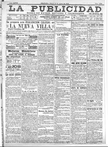 'La publicidad  : diario de avisos noticias y telegramas. Eco fiel de la opinión y verdadero defensor de los intereses morales y materiales de Granada y su provincia' - Año XXVIII Número 4198  - 1908 Agosto 13
