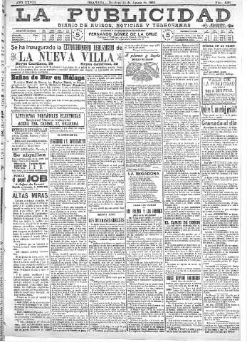 'La publicidad  : diario de avisos noticias y telegramas. Eco fiel de la opinión y verdadero defensor de los intereses morales y materiales de Granada y su provincia' - Año XXVIII Número 4201  - 1908 Agosto 16