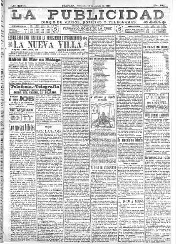 'La publicidad  : diario de avisos noticias y telegramas. Eco fiel de la opinión y verdadero defensor de los intereses morales y materiales de Granada y su provincia' - Año XXVIII Número 4203  - 1908 Agosto 19