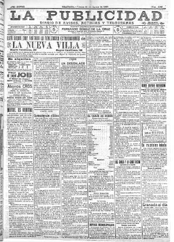 'La publicidad  : diario de avisos noticias y telegramas. Eco fiel de la opinión y verdadero defensor de los intereses morales y materiales de Granada y su provincia' - Año XXVIII Número 4205  - 1908 Agosto 21