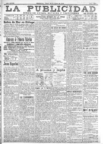 'La publicidad  : diario de avisos noticias y telegramas. Eco fiel de la opinión y verdadero defensor de los intereses morales y materiales de Granada y su provincia' - Año XXVIII Número 4205  - 1908 Agosto 22