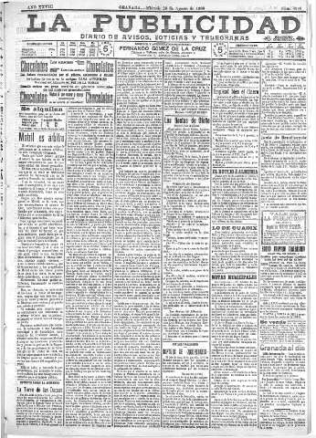 'La publicidad  : diario de avisos noticias y telegramas. Eco fiel de la opinión y verdadero defensor de los intereses morales y materiales de Granada y su provincia' - Año XXVIII Número 4208  - 1908 Agosto 26
