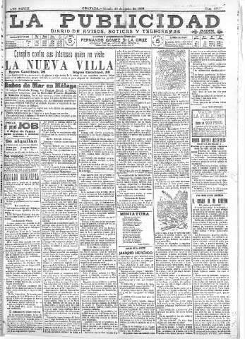 'La publicidad  : diario de avisos noticias y telegramas. Eco fiel de la opinión y verdadero defensor de los intereses morales y materiales de Granada y su provincia' - Año XXVIII Número 4211  - 1908 Agosto 29
