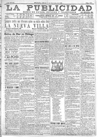 'La publicidad  : diario de avisos noticias y telegramas. Eco fiel de la opinión y verdadero defensor de los intereses morales y materiales de Granada y su provincia' - Año XXVIII Número 4213  - 1908 Septiembre 01