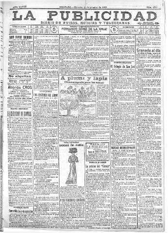 'La publicidad  : diario de avisos noticias y telegramas. Eco fiel de la opinión y verdadero defensor de los intereses morales y materiales de Granada y su provincia' - Año XXVIII Número 4214  - 1908 Septiembre 02