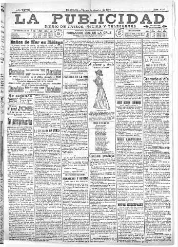 'La publicidad  : diario de avisos noticias y telegramas. Eco fiel de la opinión y verdadero defensor de los intereses morales y materiales de Granada y su provincia' - Año XXVIII Número 4216  - 1908 Septiembre 04