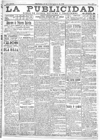 'La publicidad  : diario de avisos noticias y telegramas. Eco fiel de la opinión y verdadero defensor de los intereses morales y materiales de Granada y su provincia' - Año XXVIII Número 4229  - 1908 Septiembre 19