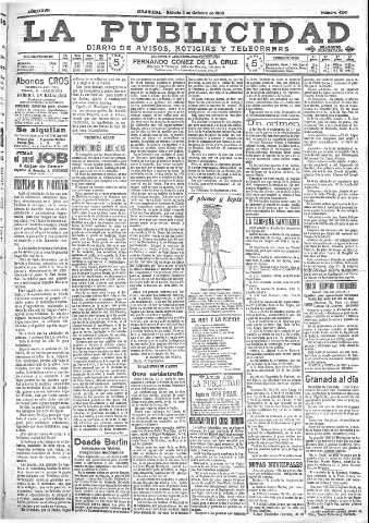 'La publicidad  : diario de avisos noticias y telegramas. Eco fiel de la opinión y verdadero defensor de los intereses morales y materiales de Granada y su provincia' - Año XXVIII Número 4241  - 1908 Octubre 03