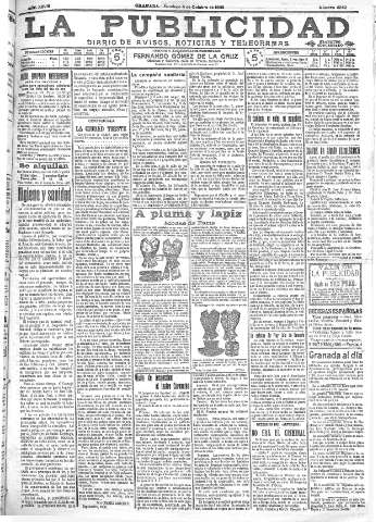'La publicidad  : diario de avisos noticias y telegramas. Eco fiel de la opinión y verdadero defensor de los intereses morales y materiales de Granada y su provincia' - Año XXVIII Número 4242  - 1908 Octubre 04