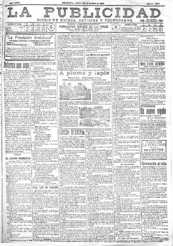 'La publicidad  : diario de avisos noticias y telegramas. Eco fiel de la opinión y verdadero defensor de los intereses morales y materiales de Granada y su provincia' - Año XXVIII Número 4259  - 1908 Octubre 24