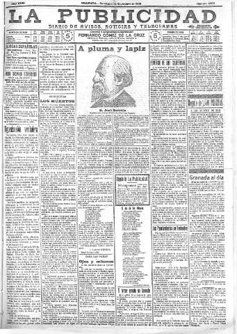 'La publicidad  : diario de avisos noticias y telegramas. Eco fiel de la opinión y verdadero defensor de los intereses morales y materiales de Granada y su provincia' - Año XXVIII Número 4266  - 1908 Noviembre 01