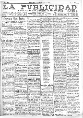 'La publicidad  : diario de avisos noticias y telegramas. Eco fiel de la opinión y verdadero defensor de los intereses morales y materiales de Granada y su provincia' - Año XXVIII Número 4269  - 1908 Noviembre 05