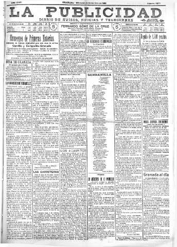 'La publicidad  : diario de avisos noticias y telegramas. Eco fiel de la opinión y verdadero defensor de los intereses morales y materiales de Granada y su provincia' - Año XXVIII Número 4272  - 1908 Noviembre 08