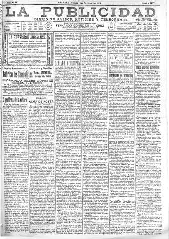 'La publicidad  : diario de avisos noticias y telegramas. Eco fiel de la opinión y verdadero defensor de los intereses morales y materiales de Granada y su provincia' - Año XXVIII Número 4277  - 1908 Noviembre 14