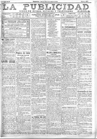 'La publicidad  : diario de avisos noticias y telegramas. Eco fiel de la opinión y verdadero defensor de los intereses morales y materiales de Granada y su provincia' - Año XXVIII Número 4287  - 1908 Noviembre 26