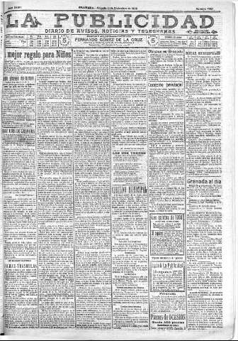 'La publicidad  : diario de avisos noticias y telegramas. Eco fiel de la opinión y verdadero defensor de los intereses morales y materiales de Granada y su provincia' - Año XXVIII Número 4301  - 1908 Diciembre 12