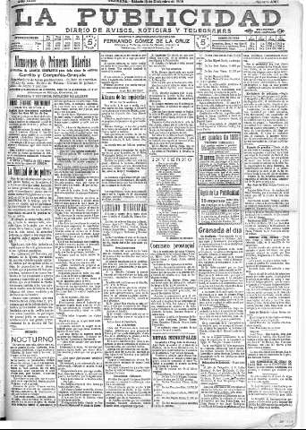 'La publicidad  : diario de avisos noticias y telegramas. Eco fiel de la opinión y verdadero defensor de los intereses morales y materiales de Granada y su provincia' - Año XXVIII Número 4307  - 1908 Diciembre 19