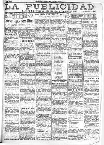 'La publicidad  : diario de avisos noticias y telegramas. Eco fiel de la opinión y verdadero defensor de los intereses morales y materiales de Granada y su provincia' - Año XXVIII Número 4308  - 1908 Diciembre 20