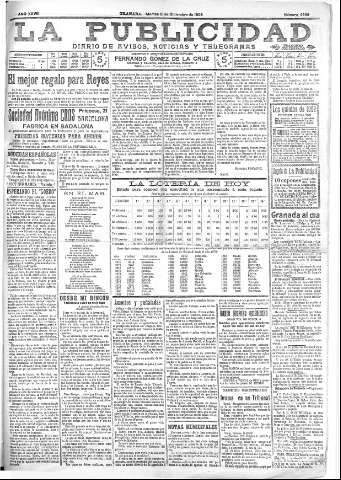 'La publicidad  : diario de avisos noticias y telegramas. Eco fiel de la opinión y verdadero defensor de los intereses morales y materiales de Granada y su provincia' - Año XXVIII Número 4308  - 1908 Diciembre 22