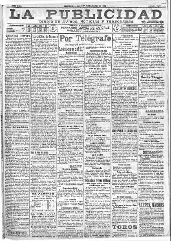 'La publicidad  : diario de avisos noticias y telegramas. Eco fiel de la opinión y verdadero defensor de los intereses morales y materiales de Granada y su provincia' - Año XXIX Número 7917  - 1909 Noviembre 01
